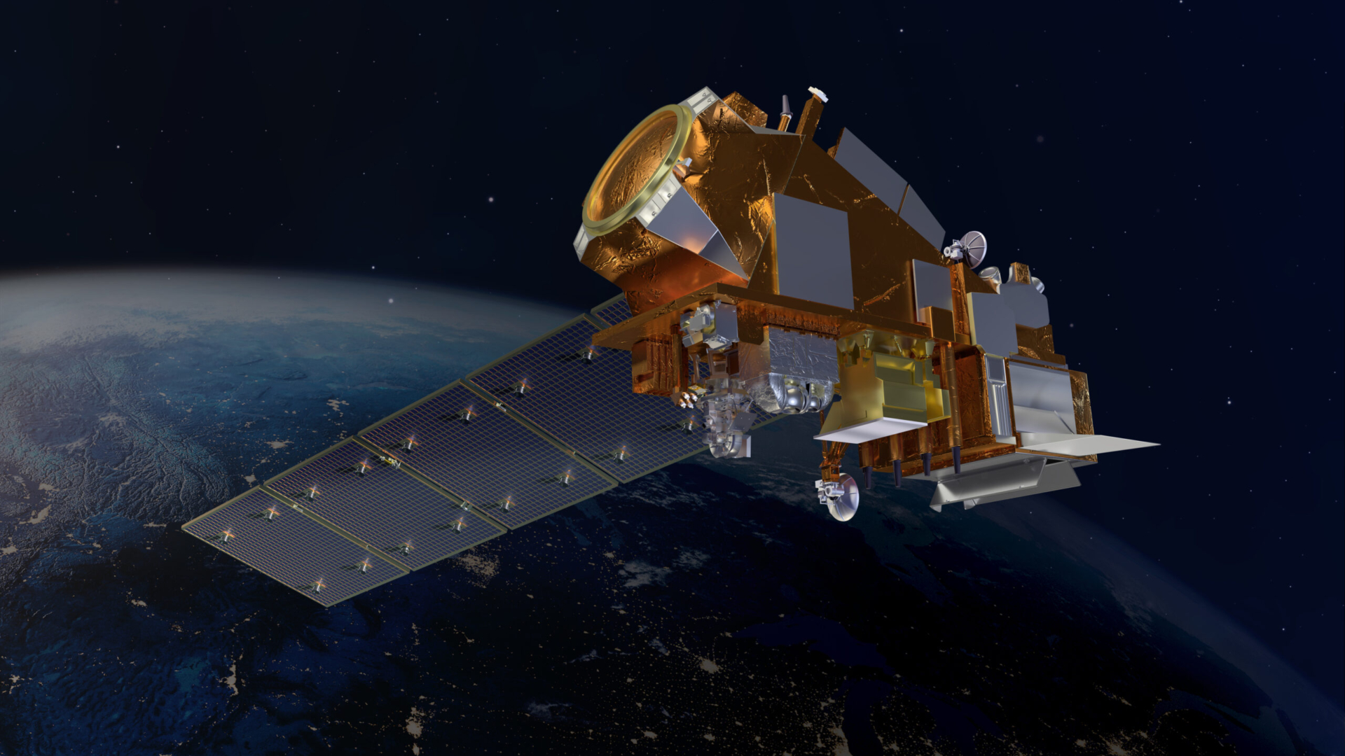 Render of a 3D satellite in space over Earth at night.