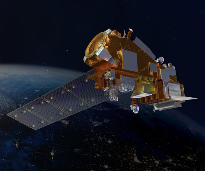 Render of a 3D satellite in space over Earth at night.