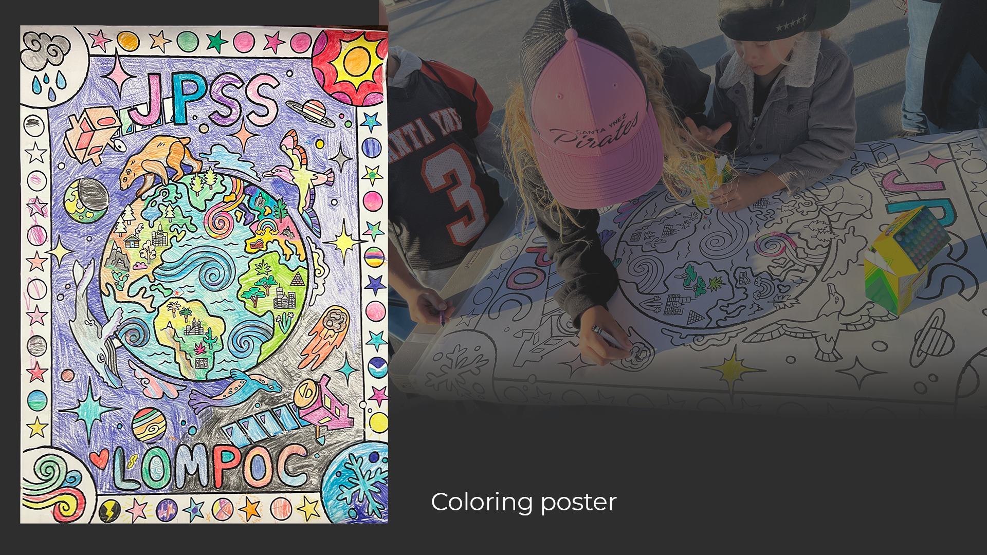 Whimsical line-art illustration poster of the Earth with animals and space motifs. A faded photo of kids coloring in the poster at a table.