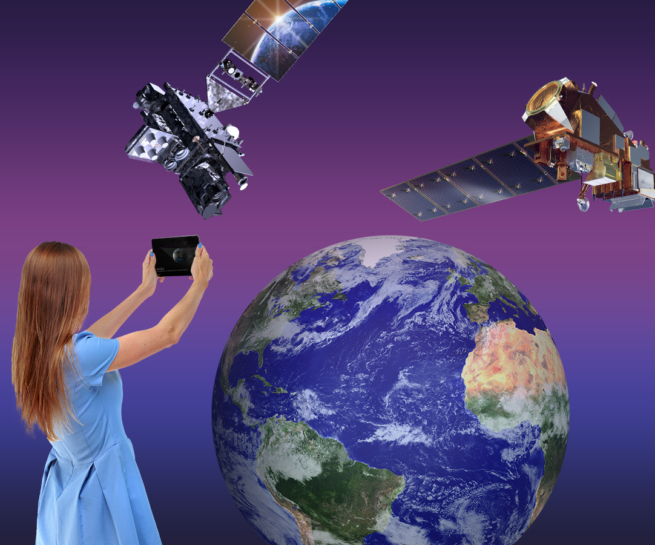 Composition with a girl holding up a handheld screen. In front of her are 2 close-up renders of satellites floating above Earth.