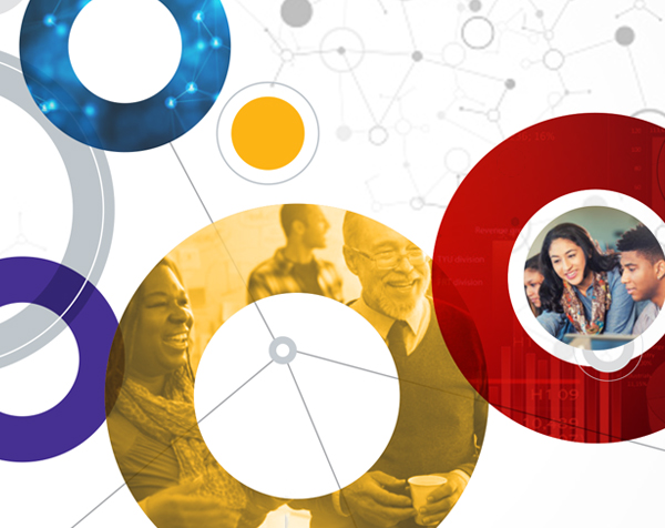 Graphic with colorful circles and photos of people.