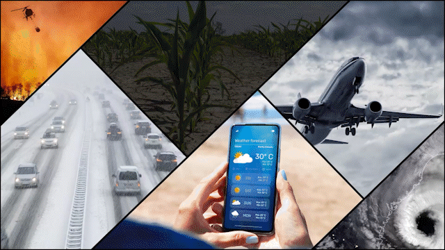 Collage of animated imagery: airplane, eye of hurricane, boat rescue, freeway during a snow storm, hands holding a phone screen showing a weather app, wind turbines.