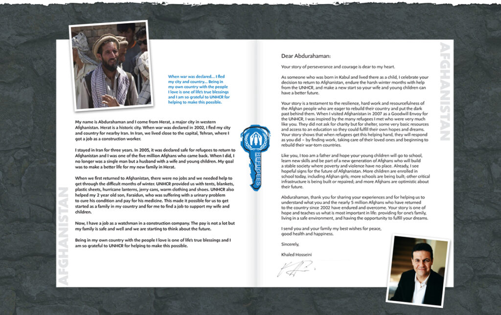 Brochure spread layout with photos and text.