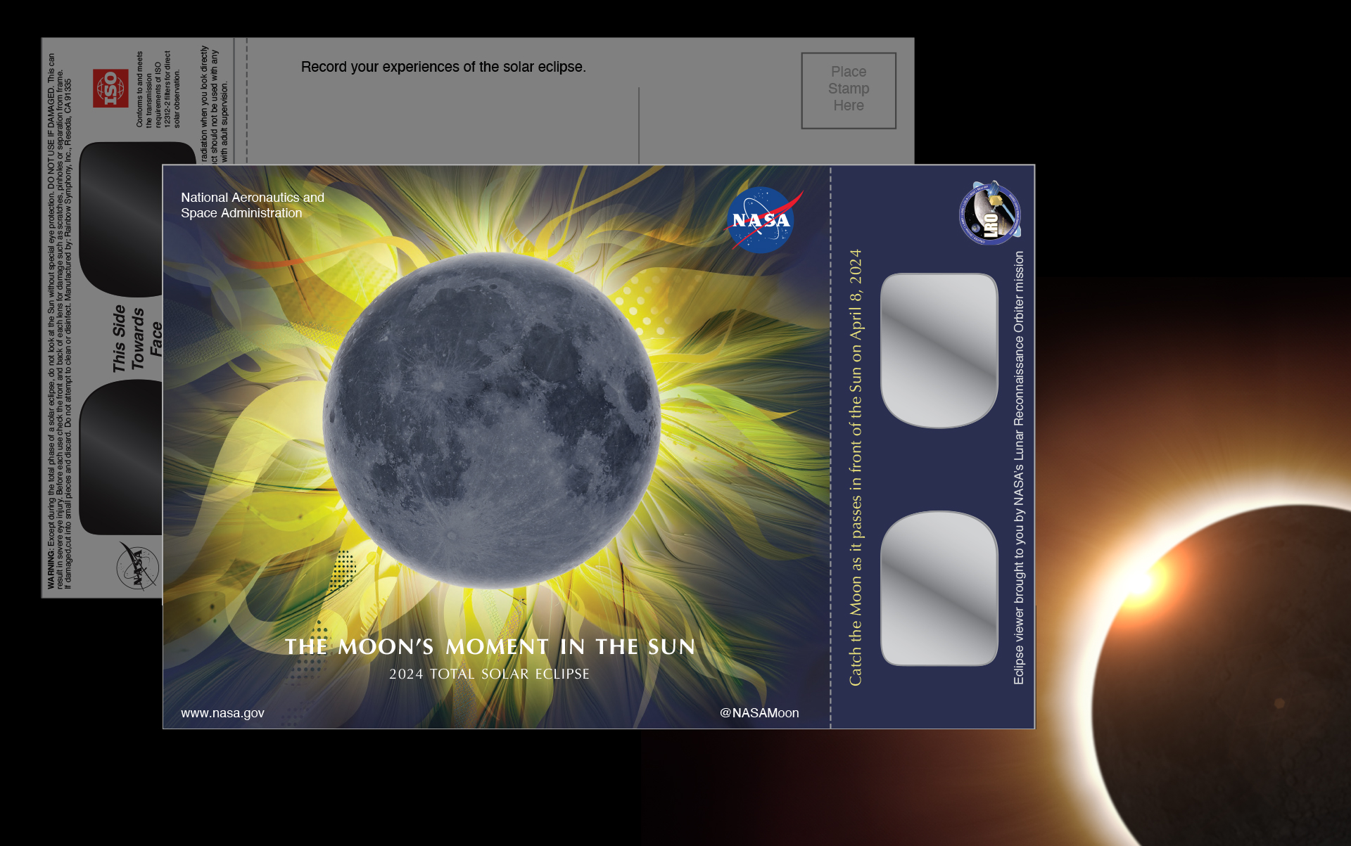 Front view of postcard with illustration of the Moon in front of energetic yellow ribbons.