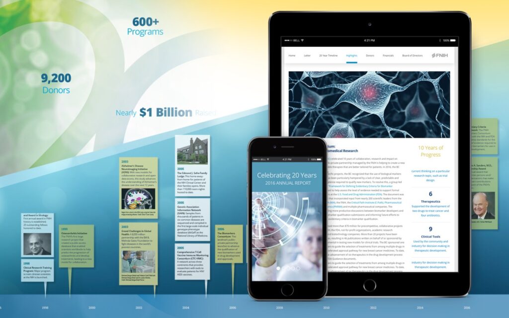 Composition with the web page within a iPad screen and mobile phone. In the backdrop, a timeline and graphic elements.