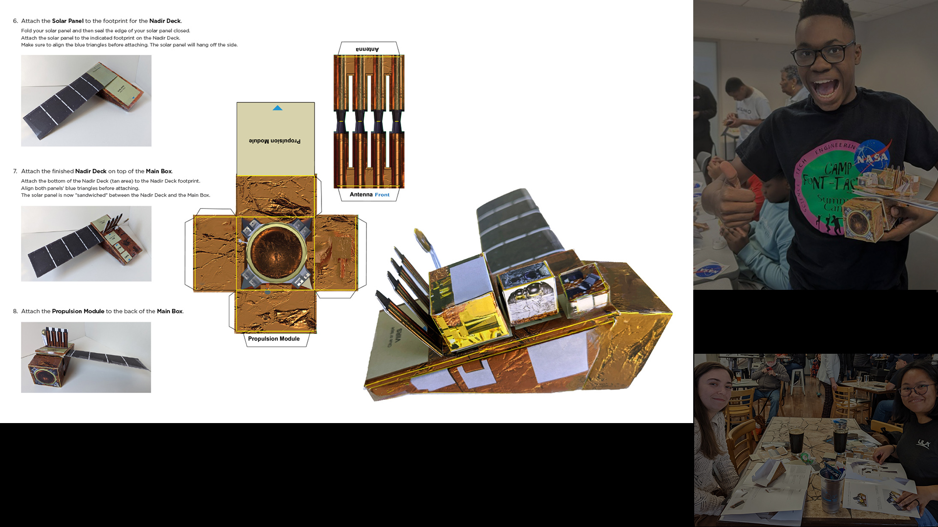 Instructions for he construction and a finished construction. Faded photos of a smiling kid holding his finished constructed model, and a photo of 2 women at a table working on the construction.