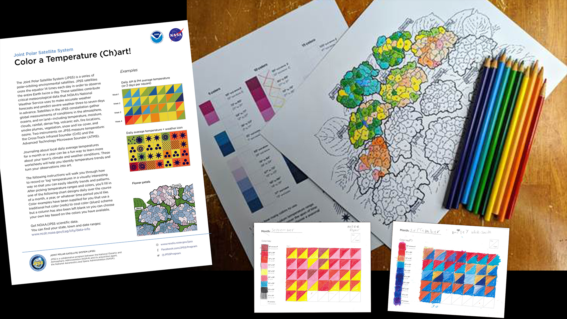 A page view of the activity instructions, and samples of finished activity sheet with colored blocks.